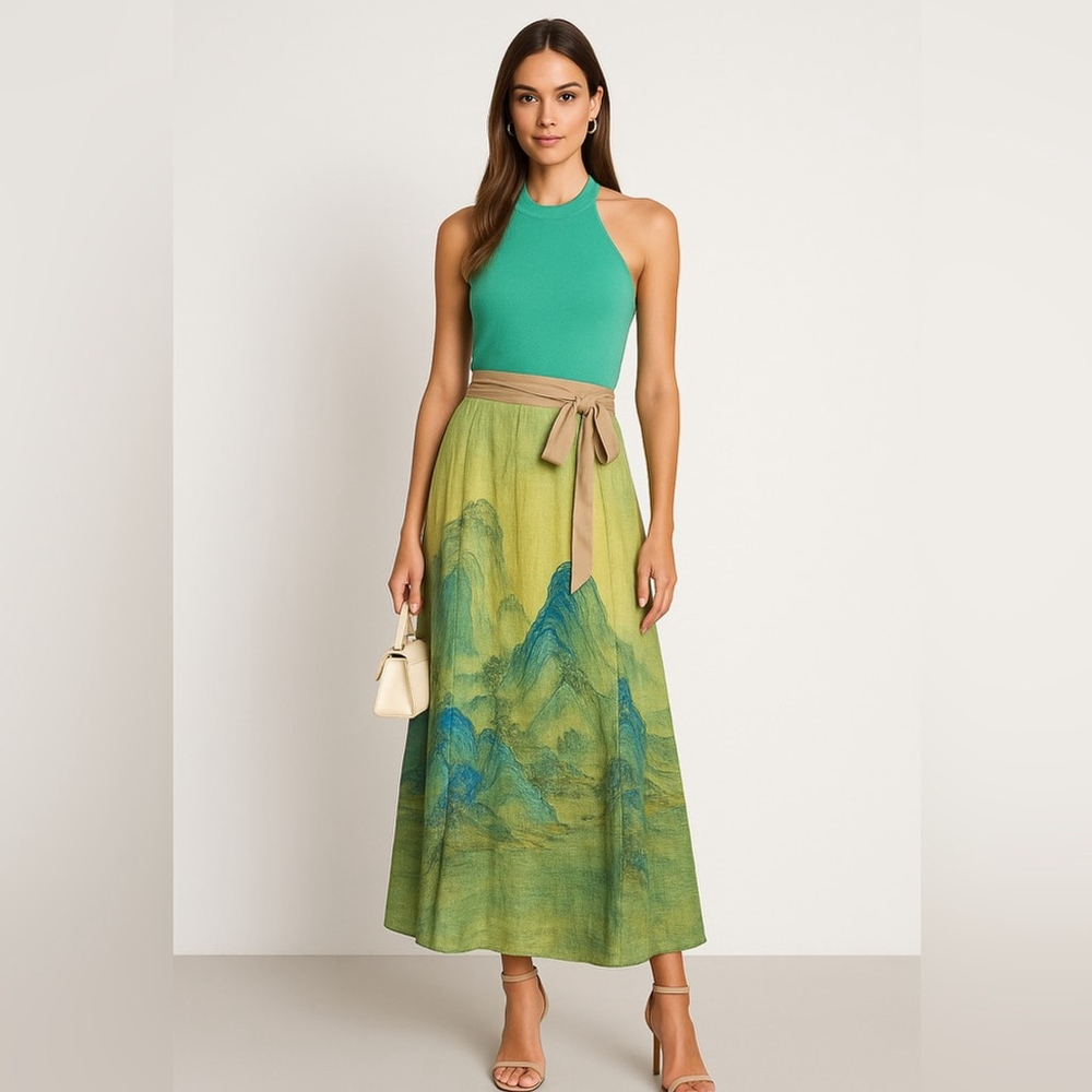 Landscape Print Wrap maxi Skirt – Size M Green